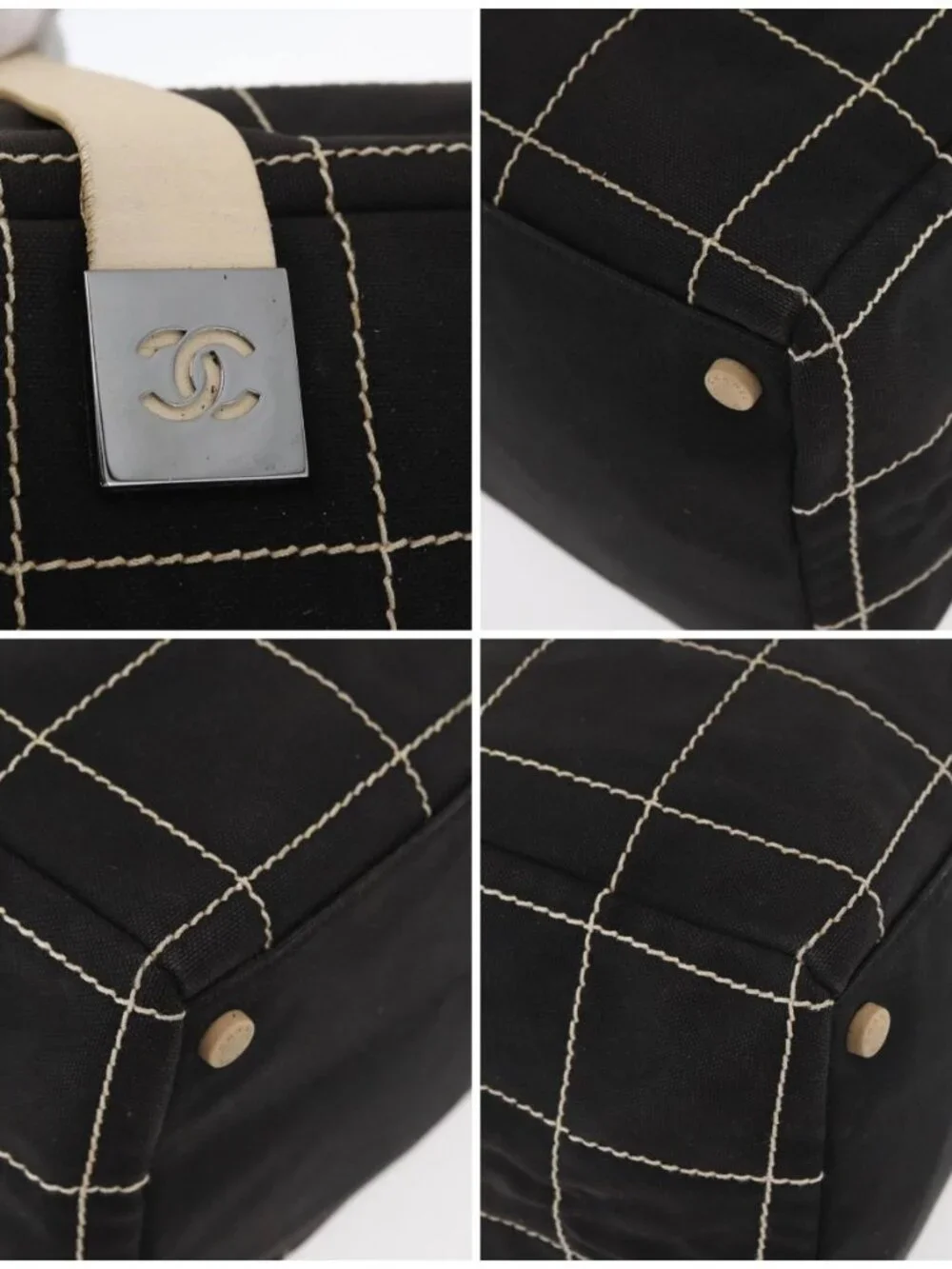 CHANEL Hand Bag Canvas Black CC Auth 131003